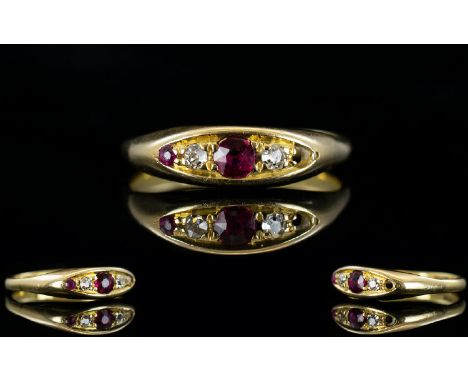 Antique Period 18ct Gold Diamond and Ruby 3 Stone Dress Ring. Marked 18ct. Ring Size - L. Please See Photo. 