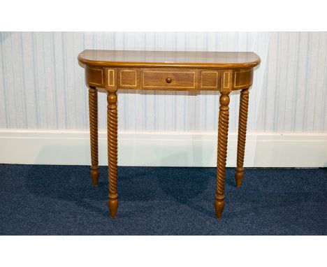 A Modern Yew Wood Console Table Comprising single frieze drawer above barley twist supports. 29 inches in height, 35 inches w