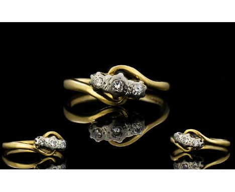 Antique Period 18ct Gold 3 Stone Diamond Dress Ring, Set with Diamond Chips. Fully Hallmarked for 18ct. Ring Size J - K. 