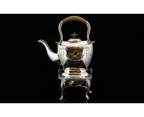 A Silver Plated Spirit Kettle Of Typical Form Height 13 inches, the body etched with bow and swag design. Together with a con