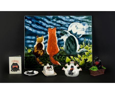 Feline Interest - A Collection Of Vintage and Contemporary Ceramics. Five Items In Total To Include Large Tubelined Tile, Min