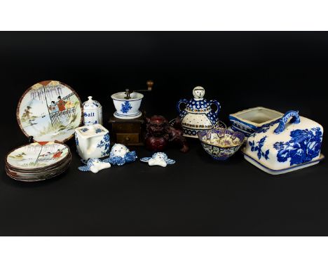 Mixed Lot Of Pottery. To Include Coffee Grinder, Odd Plates, Delft Cherub Heads, Resin Foo Dog Etc.