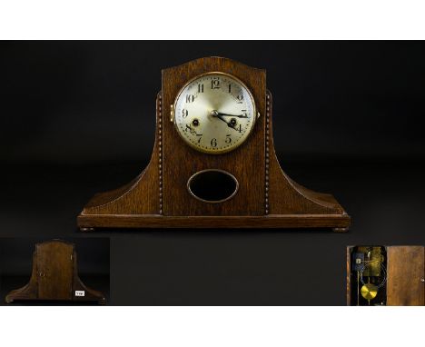 Hamburg American Art Deco Period Oak Cased Mantel Clock of Good Form. With Visible Pendulum and Movement, Strikes on a Gong, 