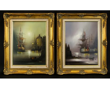 A Pair Of Original Oil On Canvas Maritime Interest Framed Paintings Each Housed In Reproduction Brush Gilt Frames. With Linen