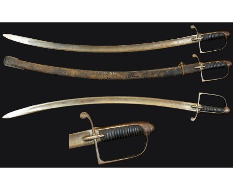 British 18thC 1788 Pattern Light Cavalry Sword/Sabre with iron scabbard. Single bar 'D' shaped knuckle bow, the grip of ridge