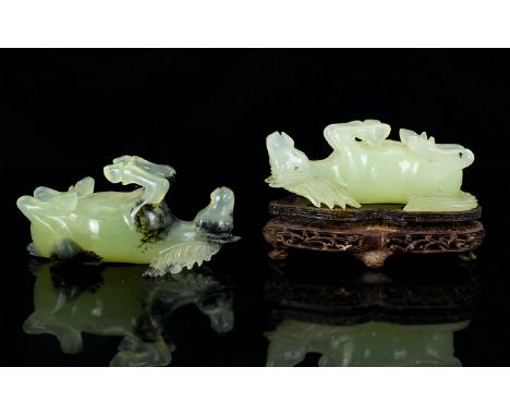 Chinese - Early 20th Century Pair of Hand Carved - Natural Celadon Jade Horse Figure / Sculptors, One Figure Supported on a B