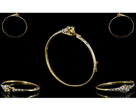 Ladies 9ct Gold Nice Quality - Hinged Leopards Head Bangle, The Leopard Set with Diamonds and Sapphires. Fully Hallmarked for