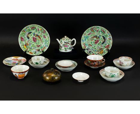 A Mixed Collection Of 19th and 20th Century Oriental And English Chinoiserie Decorated Ceramics To include teabowl, saucers, 