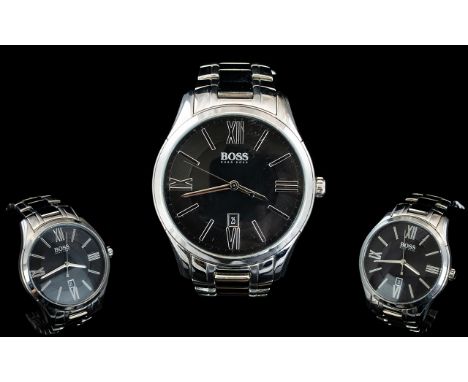 Hugo Boss Ambassador Gentleman's Excellent Quality 1513034  Silver Tone Steel Wrist Watch Features a black dial quartz moveme