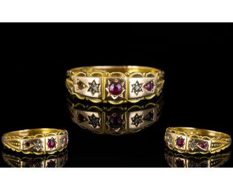 Edwardian Period 15ct Gold Ruby and Diamond Set Ring. Hallmark Birmingham 1906. Ring Size S. 