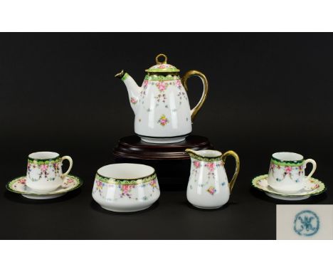 Noritake Fine Quality Hand Decorated and Painted Enamel ( 7 ) Piece Tea For Two. Floral Pattern - Garlands on White Ground wi