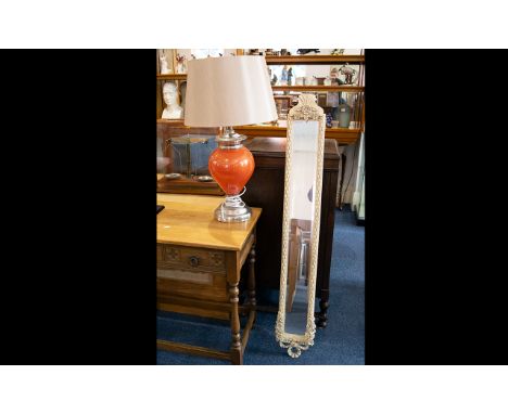 Modern Decorative Table Lamp orange bulbous stem on chrome circular base with sheer ivory coloured shade. Together with an or