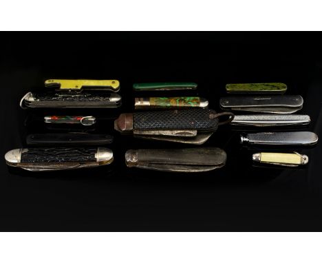 A Collection Of Vintage Pen Knives And Camp Knives Fifteen in total to include miniature silver tone knife, tartan print pock