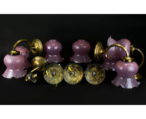 A Collection Of Six Brass Light Fittings, Pink Glass Crimped Shades, Length 9 Inches