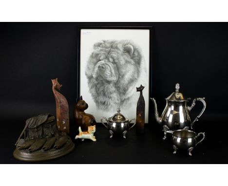 Small Mixed Lot Comprising A David Hughes Sculptures, Patinated Resin Model, Fishing Tackle And Fish, Silver Plated Three Pie