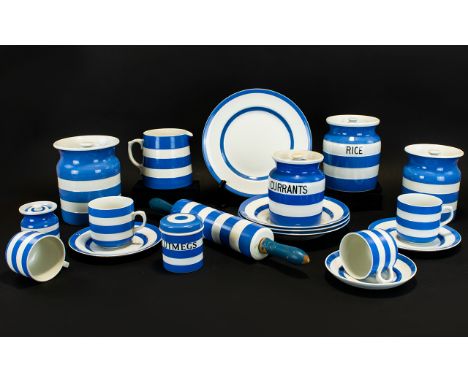 T. G. Green - Blue and White Early Cornish Kitchen Ware Collection of ( 18 ) Pieces In Total. Comprises Currants Jar, Nutmeg 
