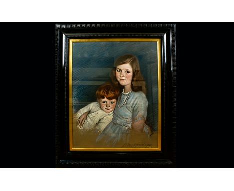 Original Chalk Pastel Portrait 'Dorothy 'Doris' Bradley And Her Brother 'Cyril 'Squib' Bradley' Signed K Shearfield 1924 A la