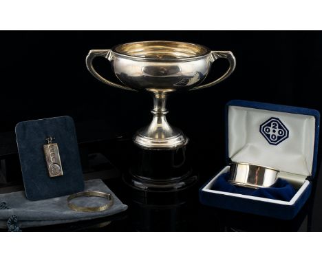 A Small Collection of Silver Items. All Fully Hallmarked. Comprises 1/ A Small Silver Two Handle Trophy / Plinth. Hallmark Bi