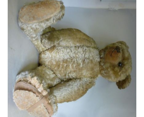 A Farnell light brown mohair Teddy bear with glass button eyes, a stitched muzzle and mobile limbs  24''h