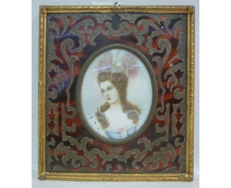 Late 19thC Continental School - a portrait miniature, a young woman wearing a plumed headdress  3.25'' x 2.5'' in a boulle fr