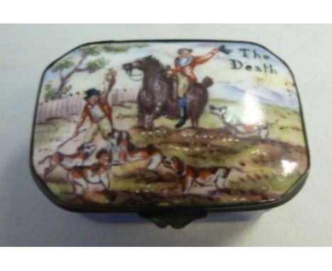 A mid 19thC blue enamelled pill box, the hinged lid decorated with a hunting scene and a figure on horseback, entitled 'The D