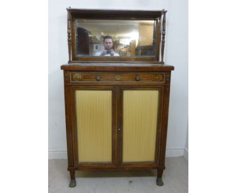 A Regency brass and boxwood, string inlaid rosewood chiffonier with applied pressed mouldings, the superstructure having a sh