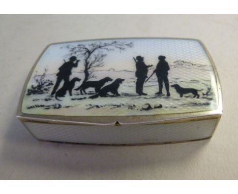 An early 20thC silver snuff box of rectangular form with curved sides, the hinged lid decorated with an enamelled hunting sce