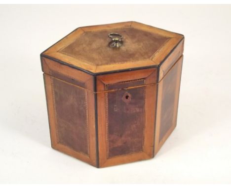 TEA CADDY. An 18th century hare-wood &amp; satin wood tea caddy. Height 13.5cm.