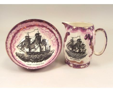GRAYS POTTERY. A Grays Pottery lustre bowl 'Ship Caroline', diameter 25cm &amp; a matching jug.