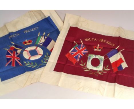 WWI SILK PORTRAIT SURROUNDS.Two WWI Maltese embroidered silk souvenir portrait photograph surrounds. Both mint & unused in or