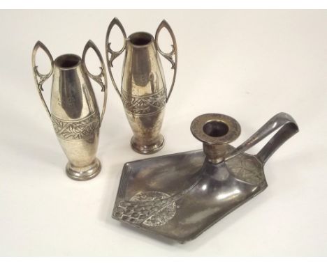 WMF ETC. An Art Nouveau WMF pewter chamber stick &amp; a pair of Art Nouveau silver plated vases. Height 15cm.