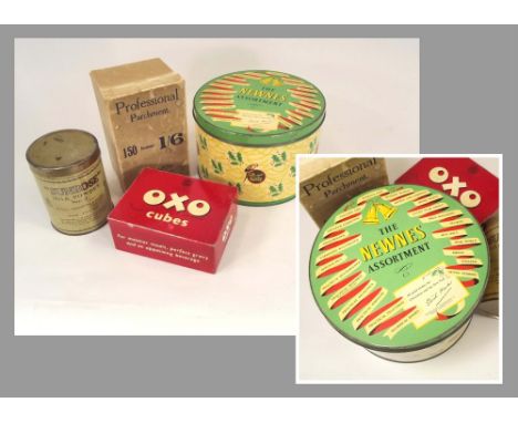 TINS ETC. Three vintage tins &amp; a printed box.