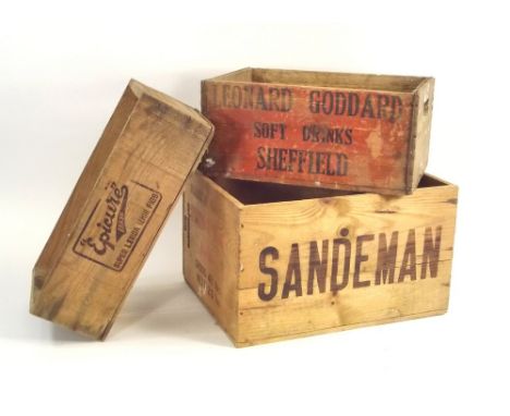 WOODEN CRATES.Three wooden crates; Sandeman Vintage Port, Goddard Soft Drinks, Sheffield & a Petty, Wood & Co. Ltd. Turkish f