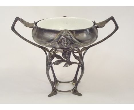 HUGO LEVEN. A Jugendstil pewter comport by Hugo Leven. Engraved signature, twice. Remains of gilding but with matched ceramic