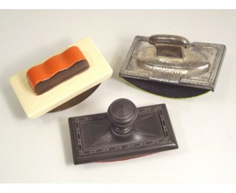 BLOTTERS. Three rocking blotters in ceramic, EPNS &amp; Bakelite.