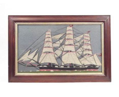 WOOLWORK SHIP PORTRAIT. A 19th century ship portrait worked in wool on linen. 39 x 69cm. PLEASE NOTE: Our in-house, postal sh
