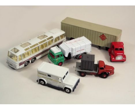 DINKY TOYS.Five Dinky Toys including Vega Major Coach, French Berliet truck & McLean tractor & trailer  Good to very good con