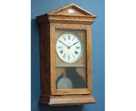 Early 20th century oak clock, dial signed 'Recorders Ltd' architectural case with visible pendulum, H66cm - CLOCKS & BAROMETE