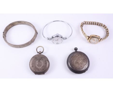 Gold Accurist wristwatch hallmarked 9ct, an Ingersoll wristwatch, two fob watches and a silver bangle (5)   Condition Report 