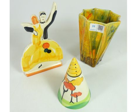 Crown Ducal Art Deco vase, Clarice Cliff style sugar sifter and a similar Art Deco style item    Condition Report   Click her
