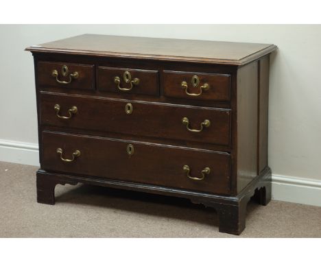 Early Georgian oak chest, three short and two long drawers, bracket feet, W101cm, H73cm, D52cm   Condition Report   Click her