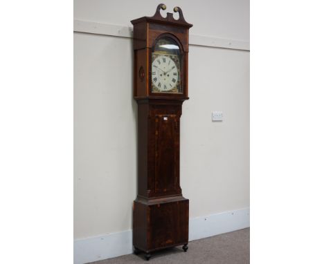 Early 19th century mahogany and rosewood banded longcase clock, eight day movement, four seasons and farming scene painted en