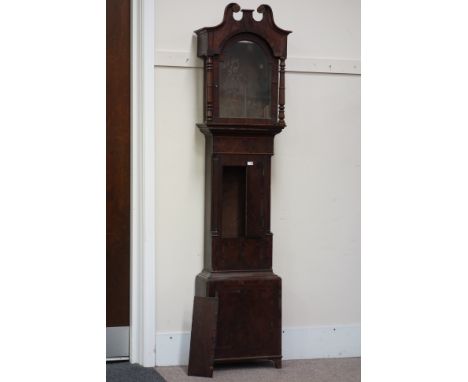 19th century mahogany and rosewood banded longcase clock, swan neck pediment with turned supports, H240cm   Condition Report 
