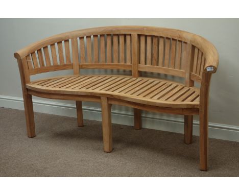 Solid teak dowel jointed serpentine garden bench, W161cm   Condition Report   Click here for further images, condition, aucti
