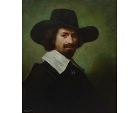 Portrait of Hendrick Martensz, oil on canvas signed Van Leauwann in the style of Rembrant 60cm x 50cm   Condition Report   Cl