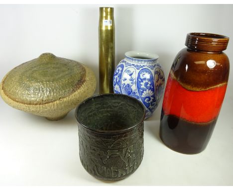 WWII brass shell case, West German vase, Eastern copper planter, studio pottery vase and a blue and white vase (5)   Conditio