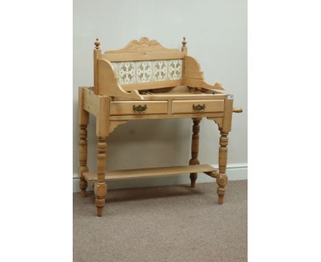 Edwardian pitch pine washstand base with inset tile splashback, W94cm   Condition Report   Click here for further images, con