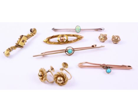 Edwardian two tone opal bar brooch (unmarked), three gold bar brooches and two pairs of earrings all stamped 9ct; an Edwardia