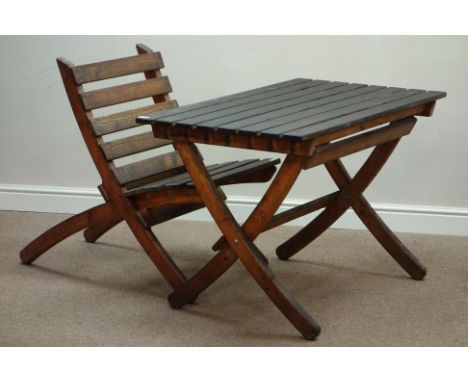 Hardwood slatted garden table (110cm x 66cm), bench and chair   Condition Report   Click here for further images, condition, 