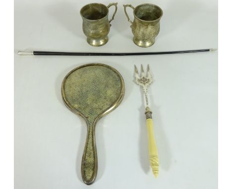 Hallmarked silver and ebony conductors baton, Shagreen and hallmarked silver hand mirror, two silver plated mugs and a fish f